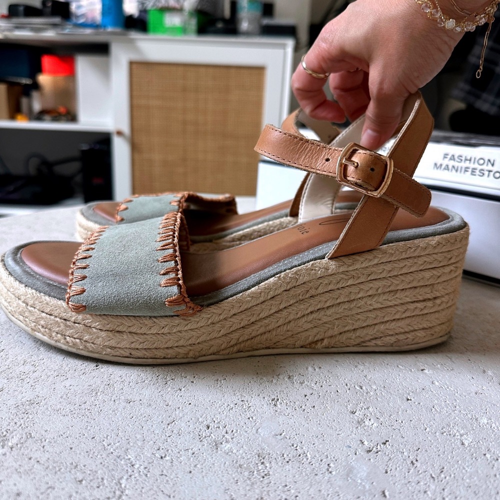 Joie Womens Suede Whipstitch Espadrille Wedge Sandals Tan Leather Boho 9.5 - Picture 3 of 6